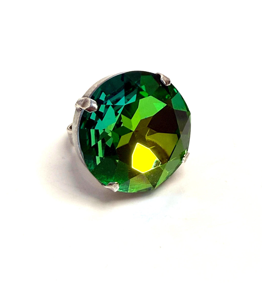 Oversized Crystal Statement Ring | Green Rainbow CZ Adjustable Ring | 27mm 