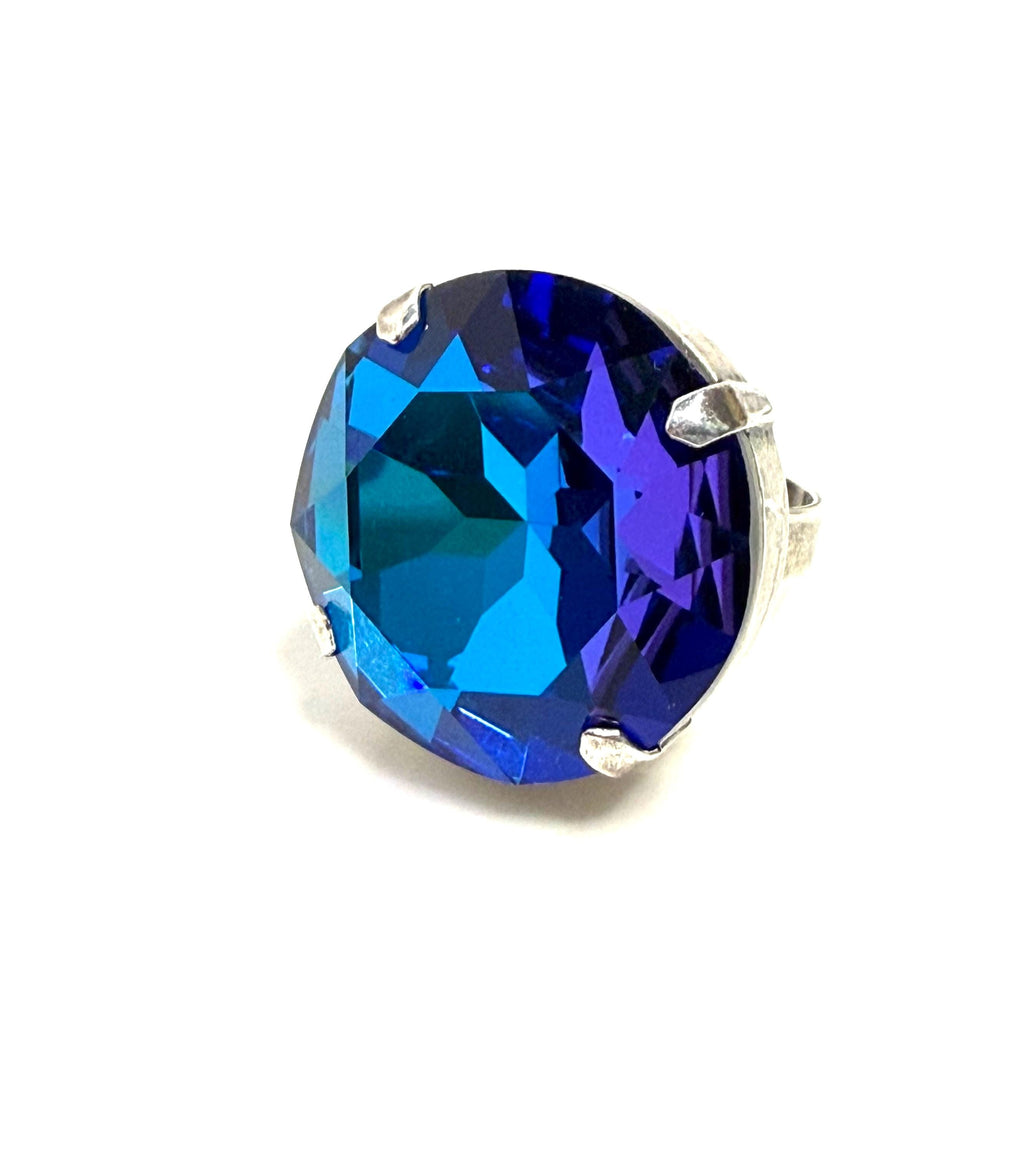 Oversized Crystal Statement Ring, Bermuda Blue CZ Adjustable Cocktail Ring, 27mm