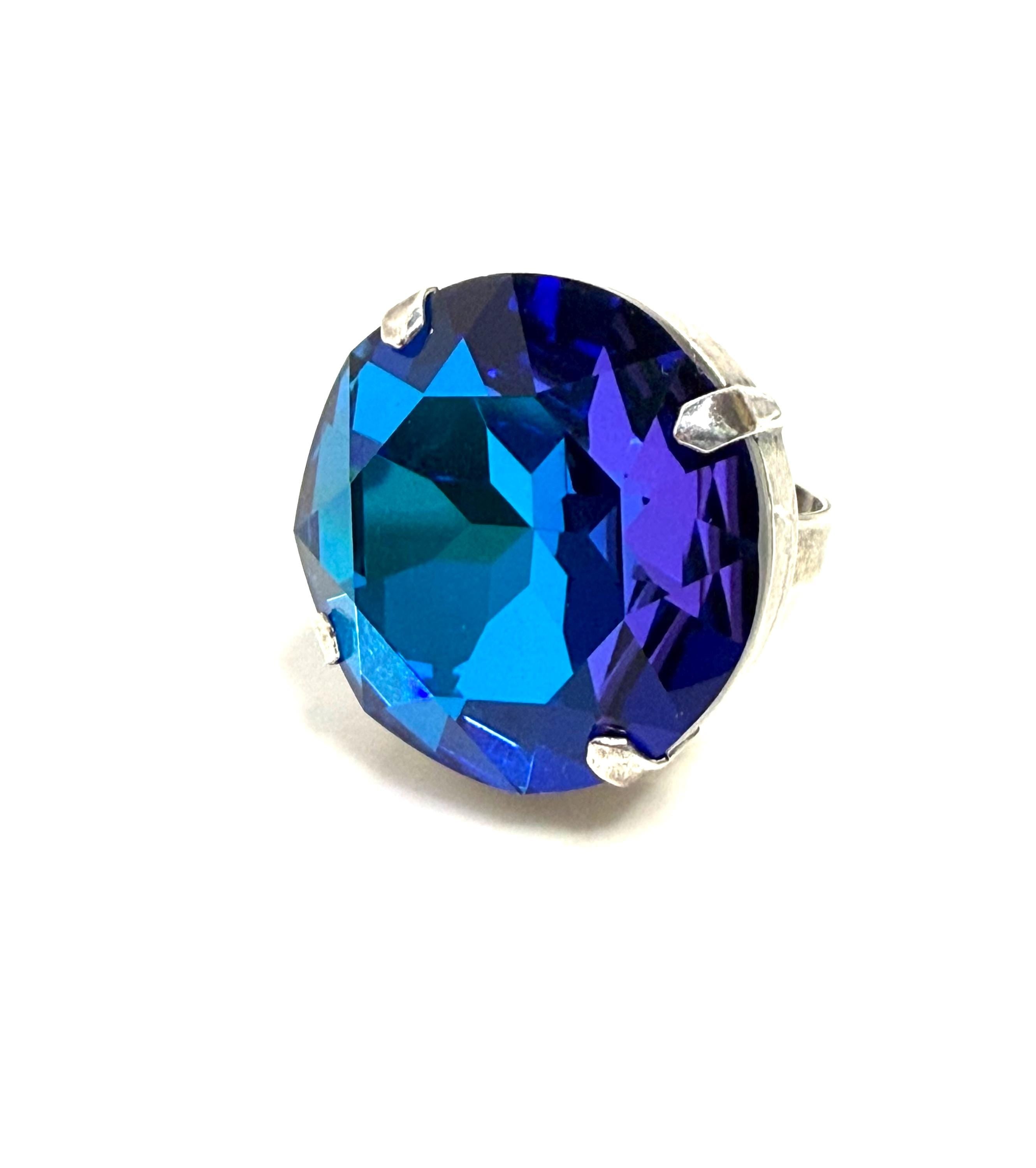 Oversized Crystal Statement Ring, Bermuda Blue CZ Adjustable Cocktail Ring, 27mm