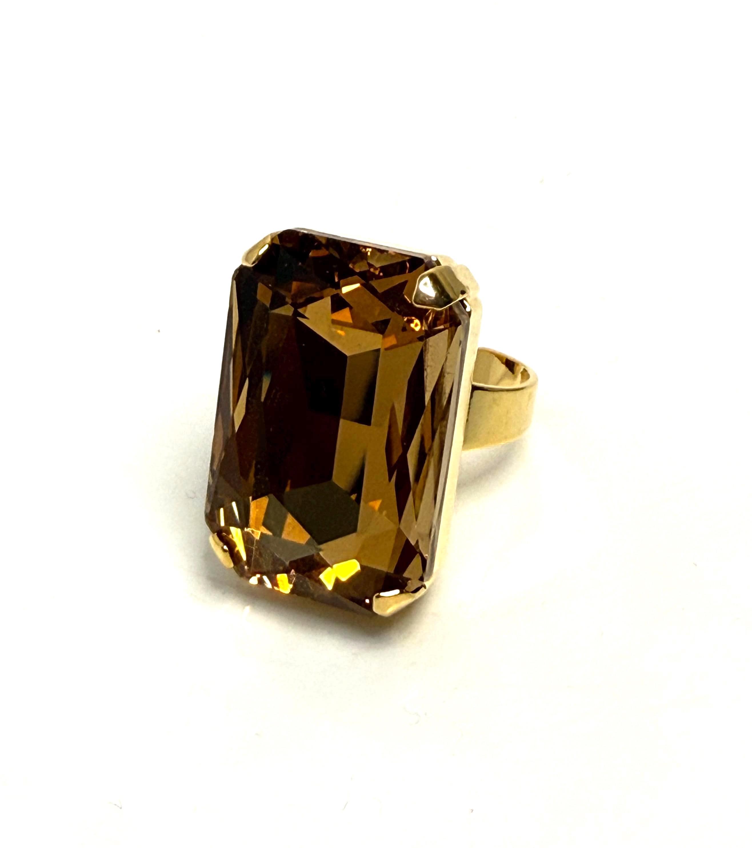 Oversized Golden Shadow Crystal Ring, Adjustable Gold Cocktail Ring, 27mm