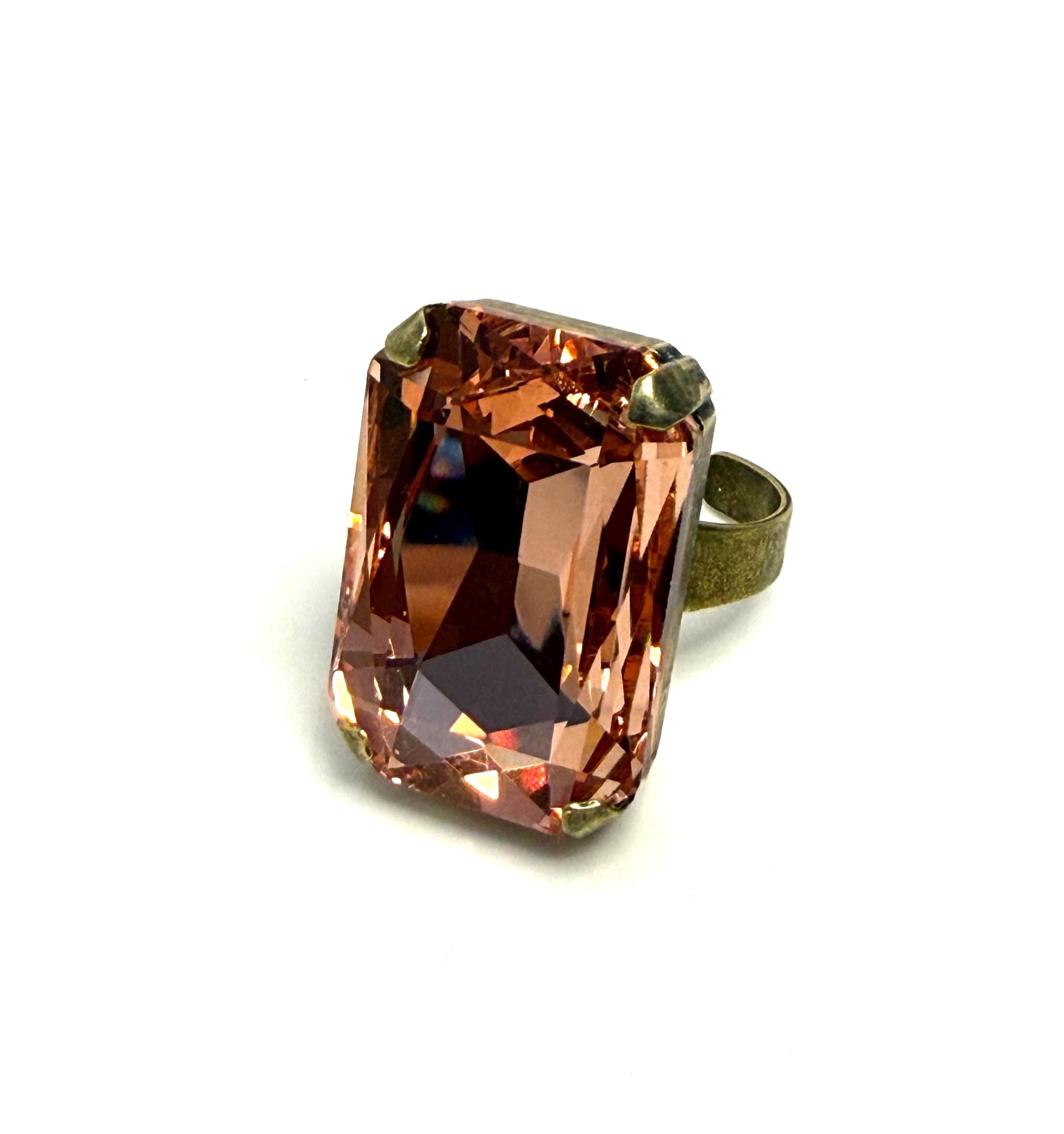 Oversized Rose Peach Crystal Cocktail Ring | 27mm Antique Brass Adjustable Statement Ring