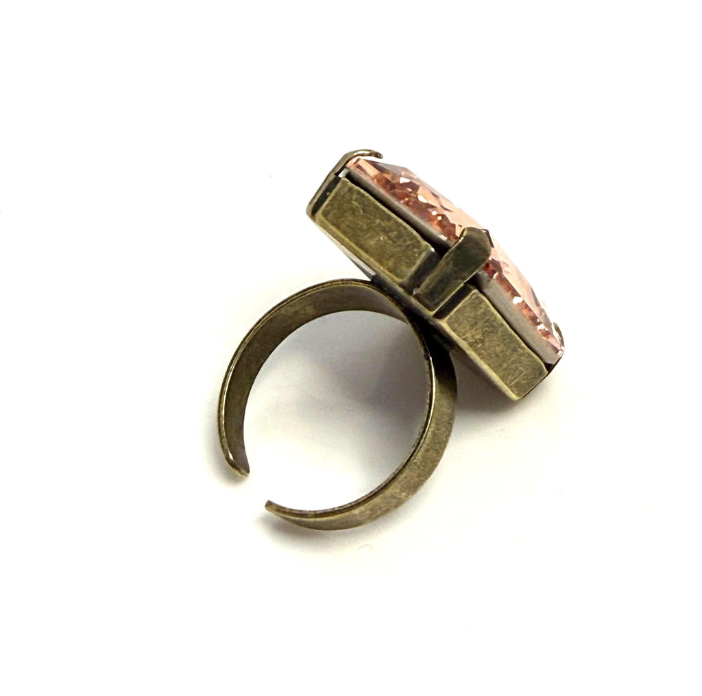 Oversized Rose Peach Crystal Cocktail Ring | 27mm Antique Brass Adjustable Statement Ring