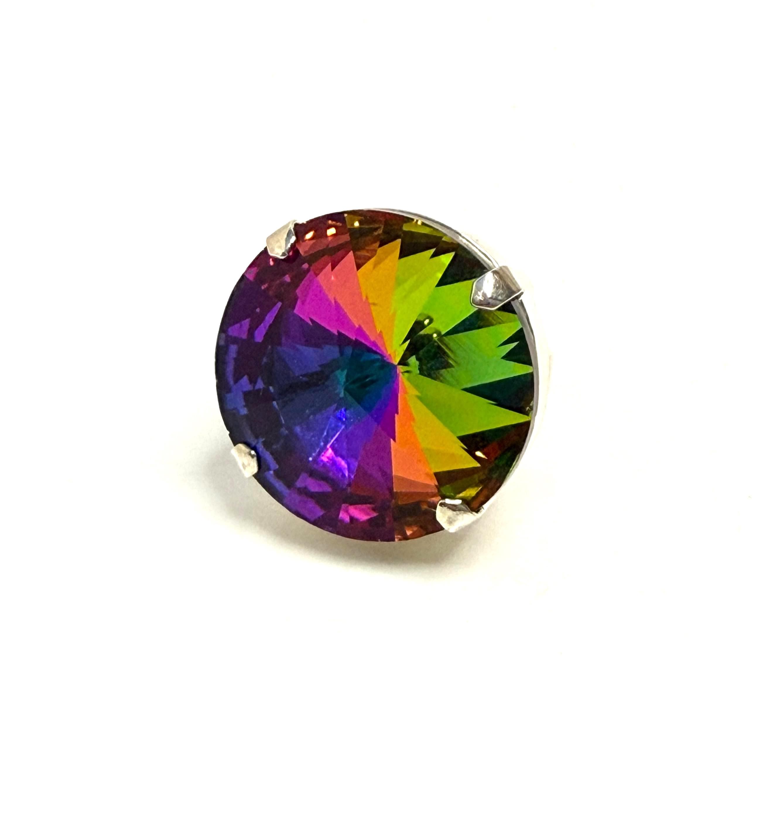 Oversized Crystal Statement Ring, Volcano Rainbow CZ Adjustable Ring, 27mm Cocktail Ring