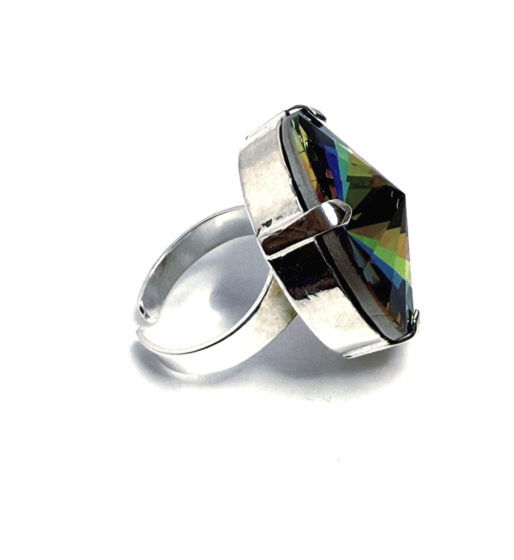 Oversized Crystal Statement Ring, Volcano Rainbow CZ Adjustable Ring, 27mm Cocktail Ring