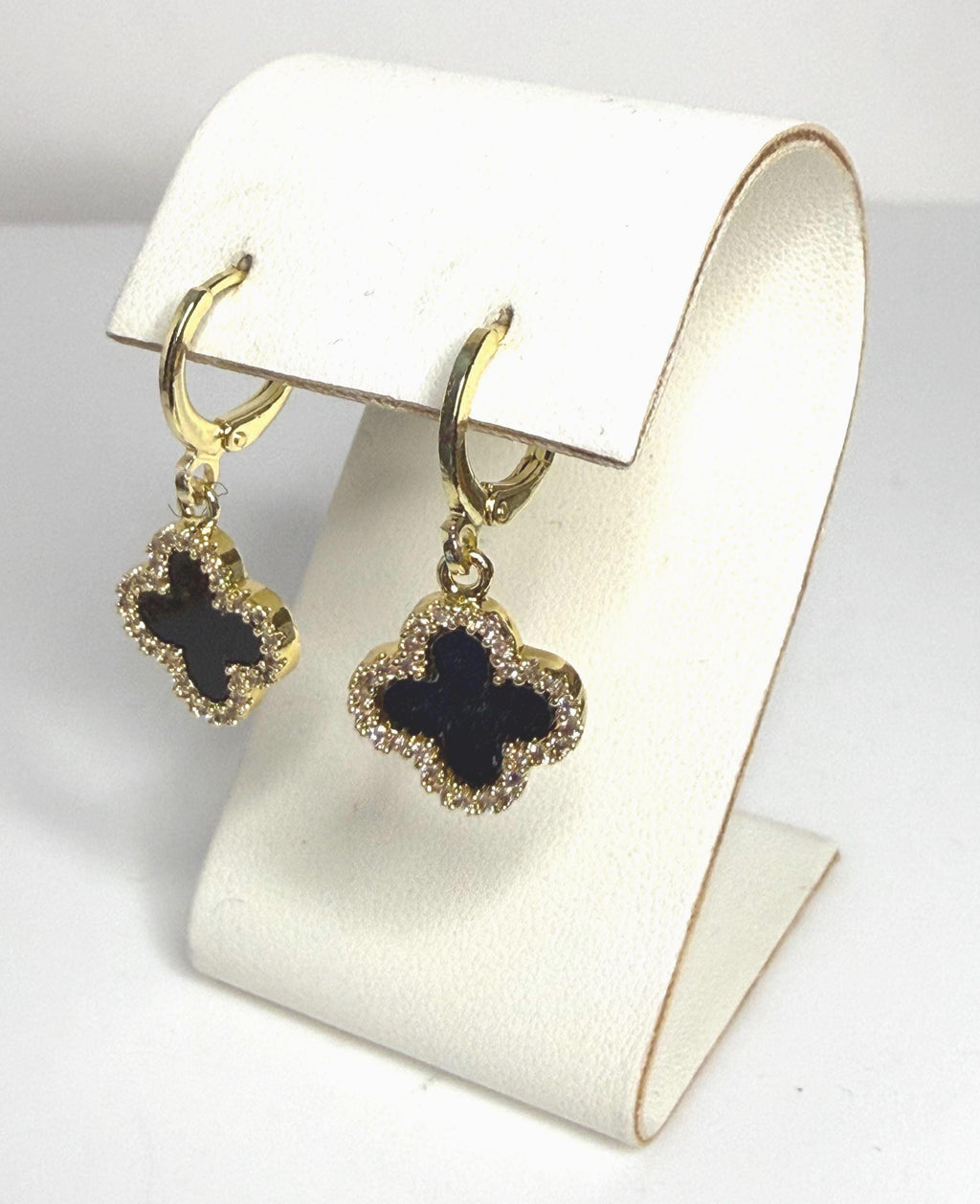 Four Leaf Clover Black Onyx CZ Earrings | Huggie Hoop Drops