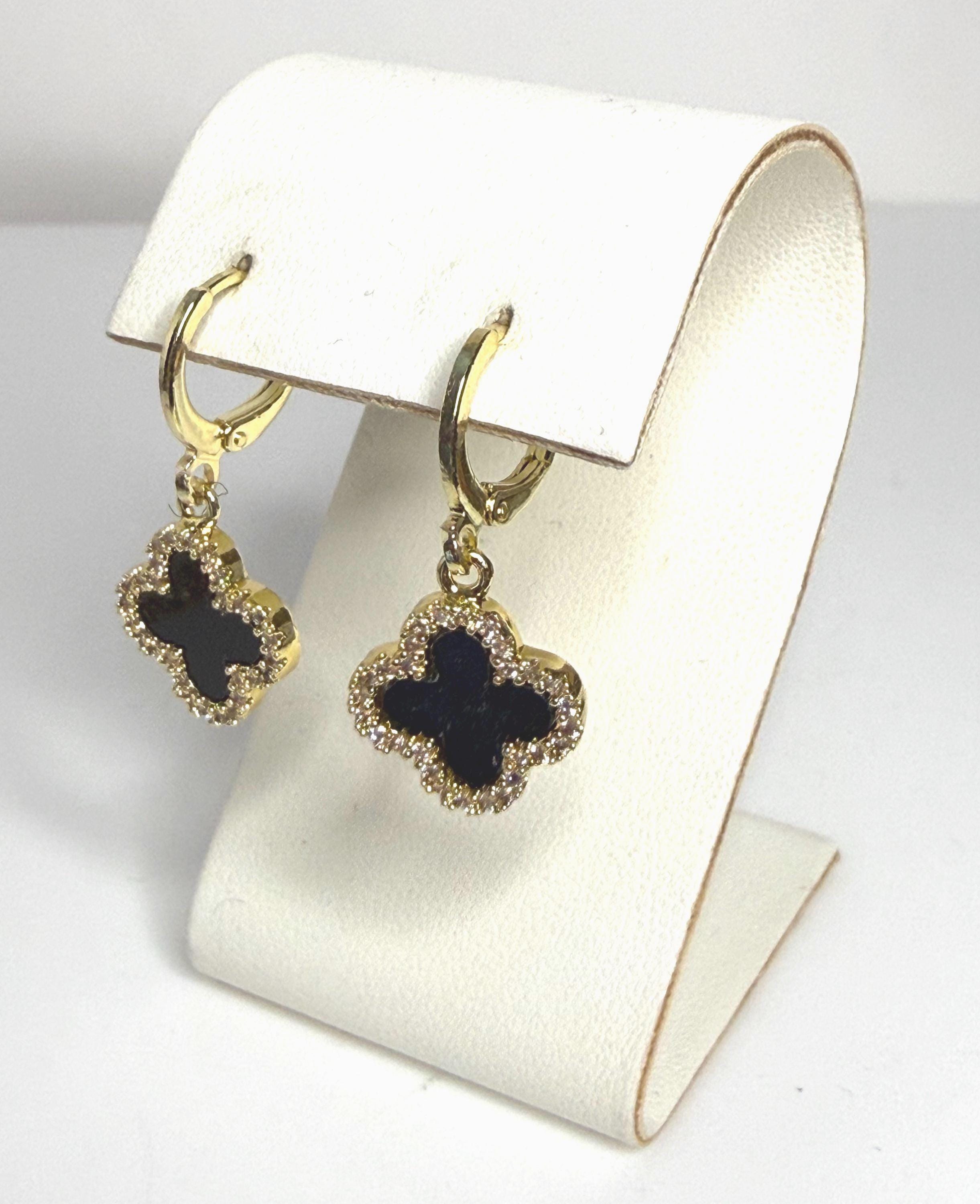 Four Leaf Clover Black Onyx CZ Earrings | Huggie Hoop Drops