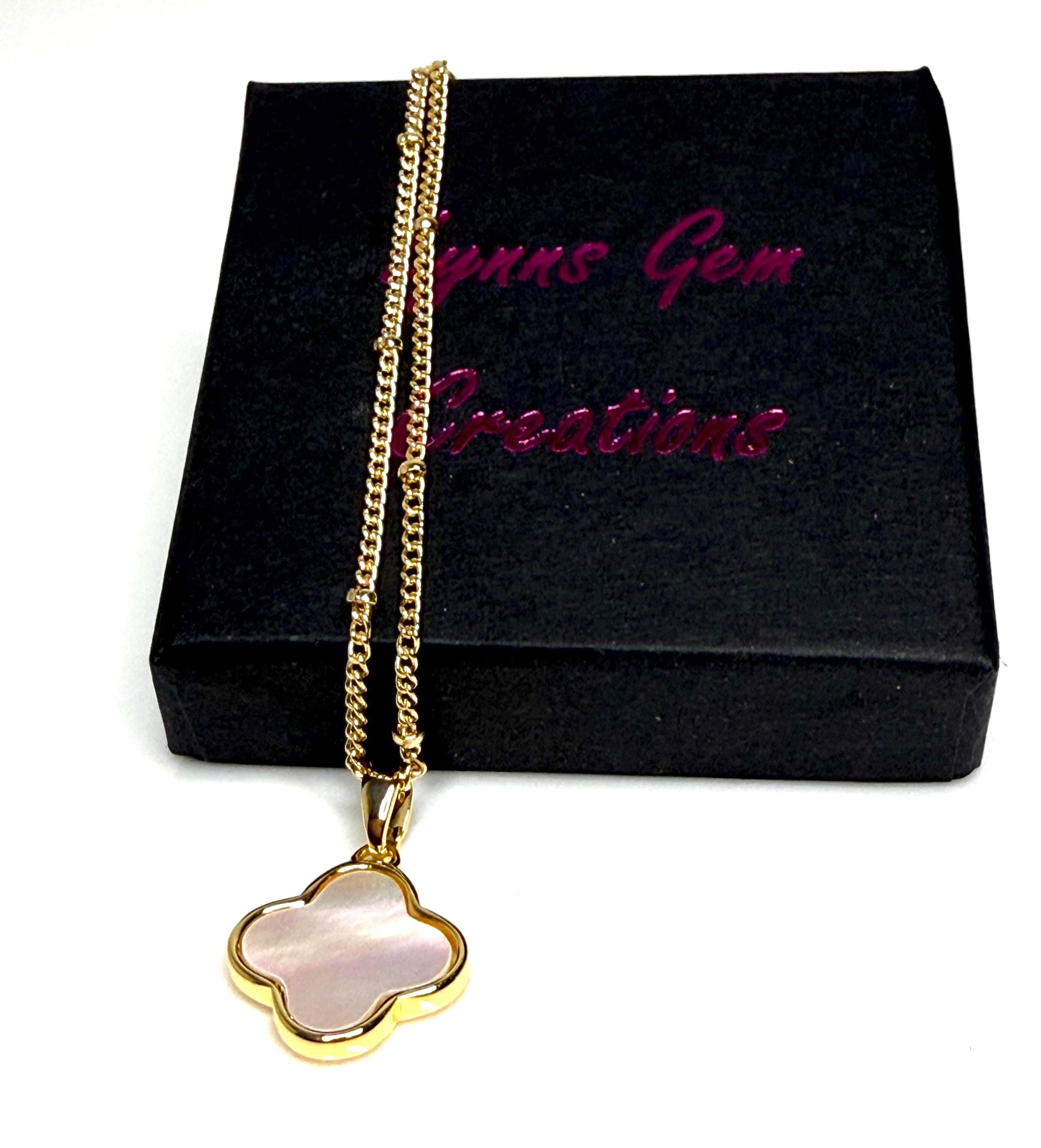 Four Leaf Clover Mother of Pearl CZ Necklace | Gold Satelite Chain