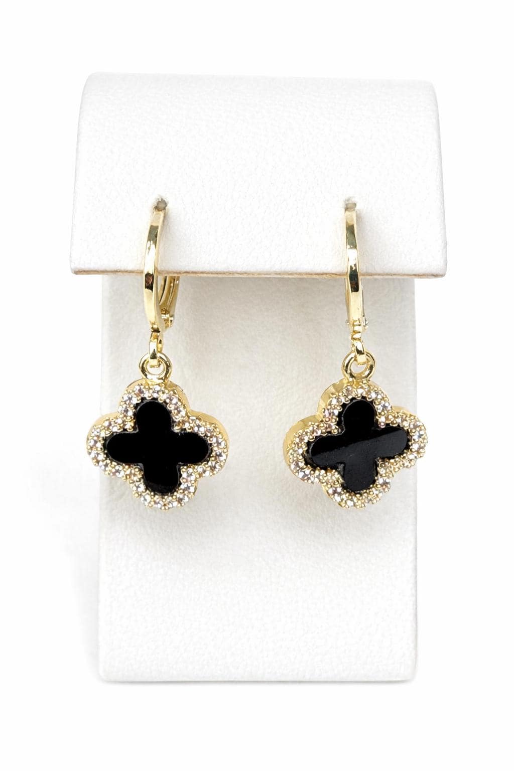 Four Leaf Clover Black Onyx CZ Earrings | Huggie Hoop Drops