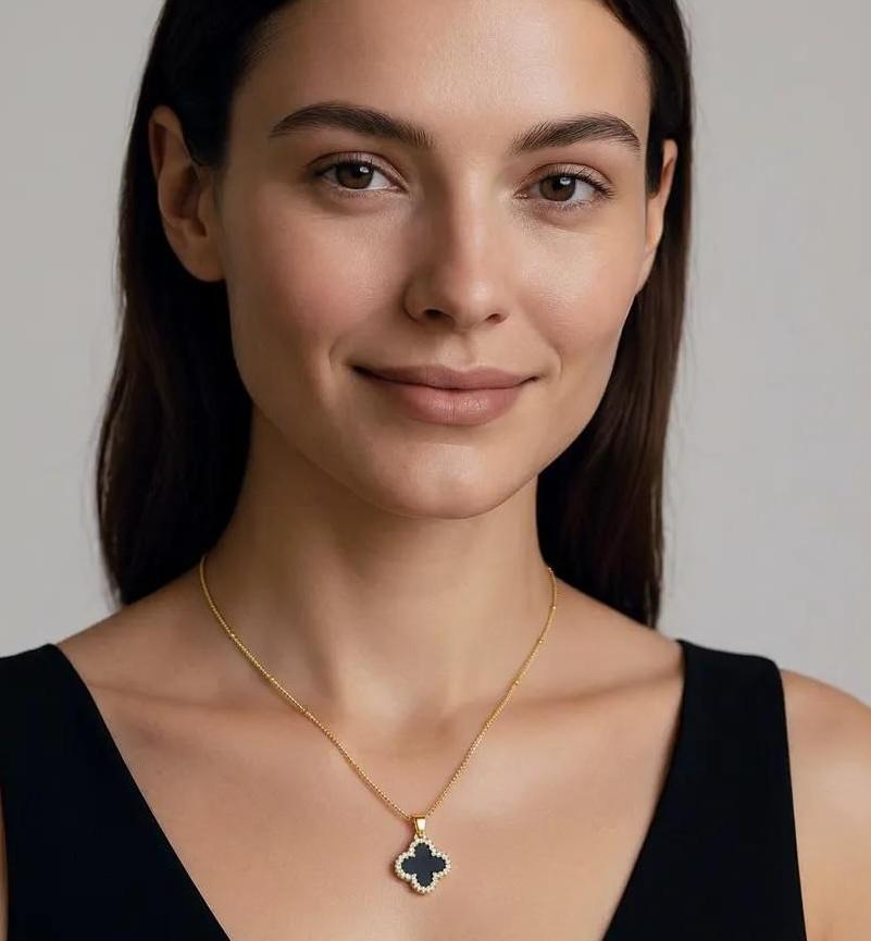 Gold Black Onyx Clover CZ Necklace | Gold Satelite Chain