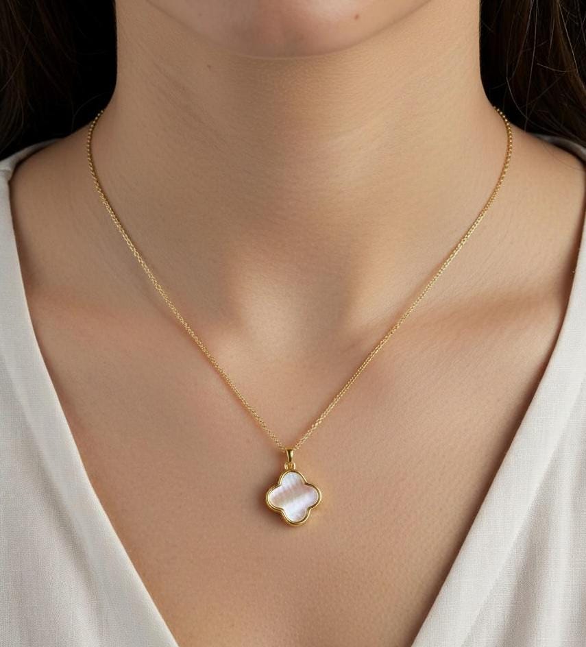 Four Leaf Clover Mother of Pearl CZ Necklace | Gold Satelite Chain