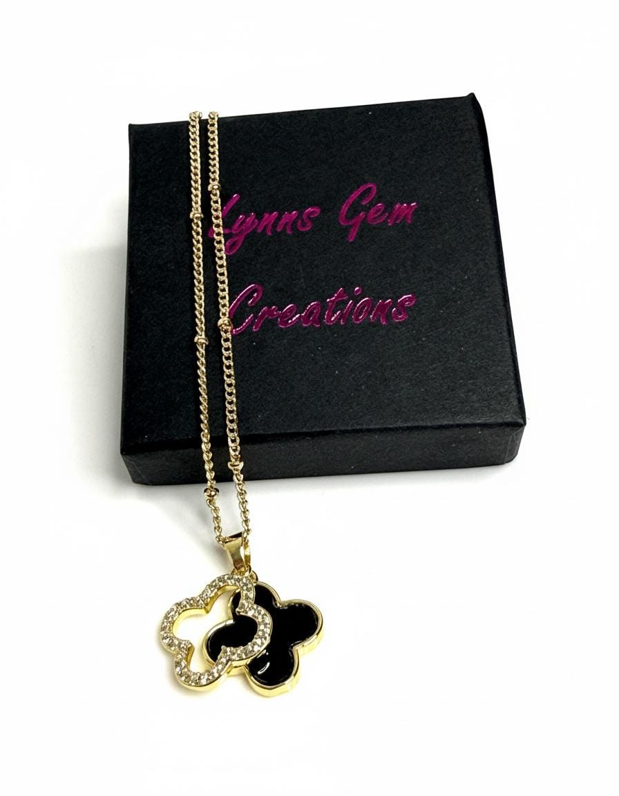 Gold Black Onyx Double Clover CZ Necklace | Gold Satelite Chain