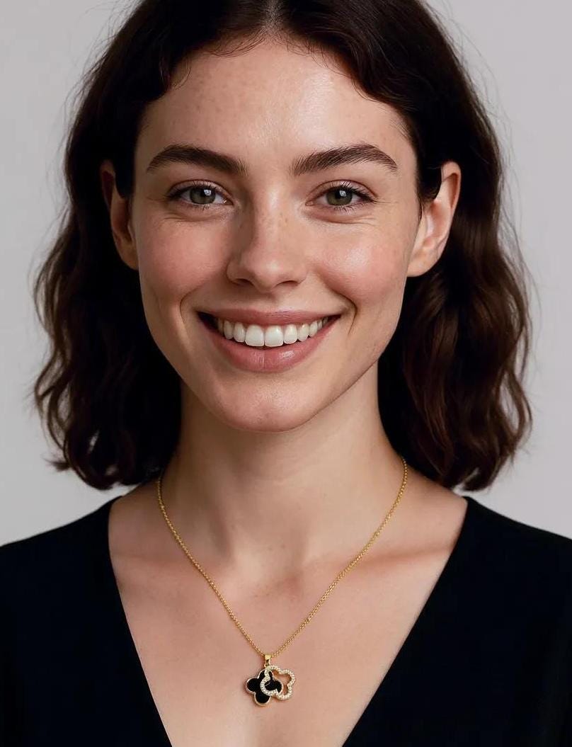 Gold Black Onyx Double Clover CZ Necklace | Gold Satelite Chain