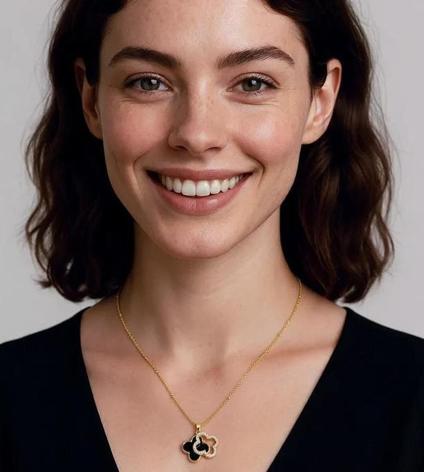 Gold Black Onyx Double Clover CZ Necklace | Gold Satelite Chain