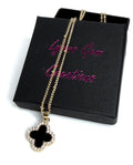 Gold Black Onyx Clover CZ Necklace | Gold Satelite Chain