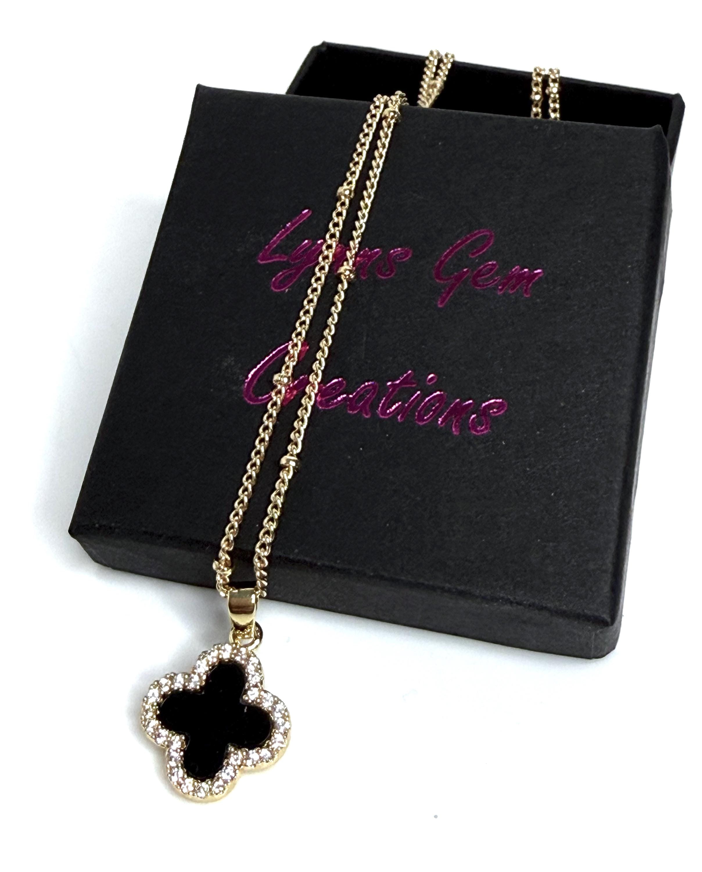 Gold Black Onyx Clover CZ Necklace | Gold Satelite Chain