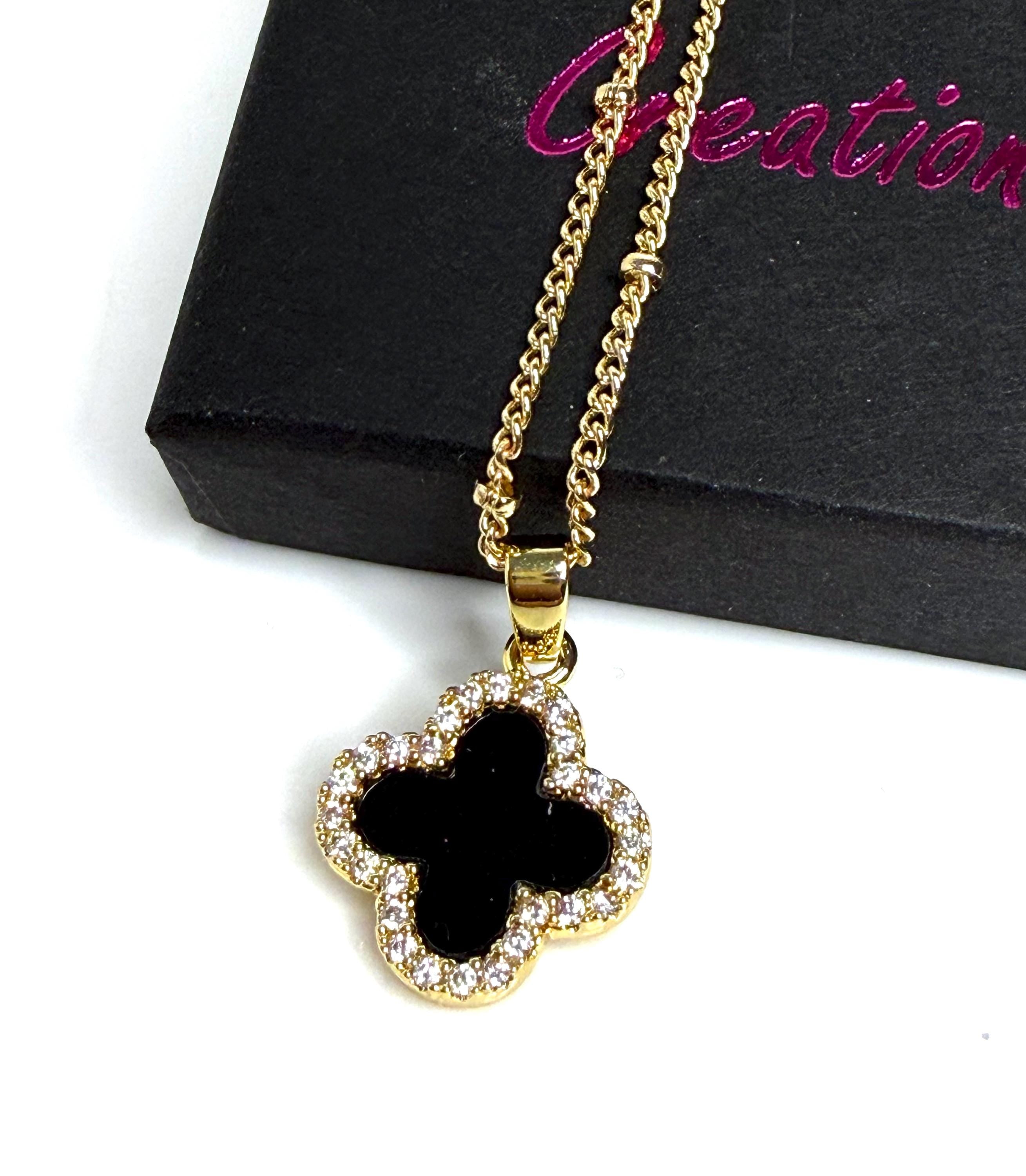 Gold Black Onyx Clover CZ Necklace | Gold Satelite Chain