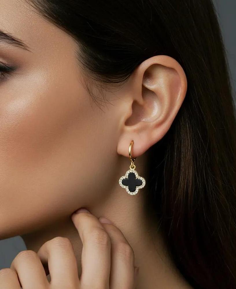 Four Leaf Clover Black Onyx CZ Earrings | Huggie Hoop Drops