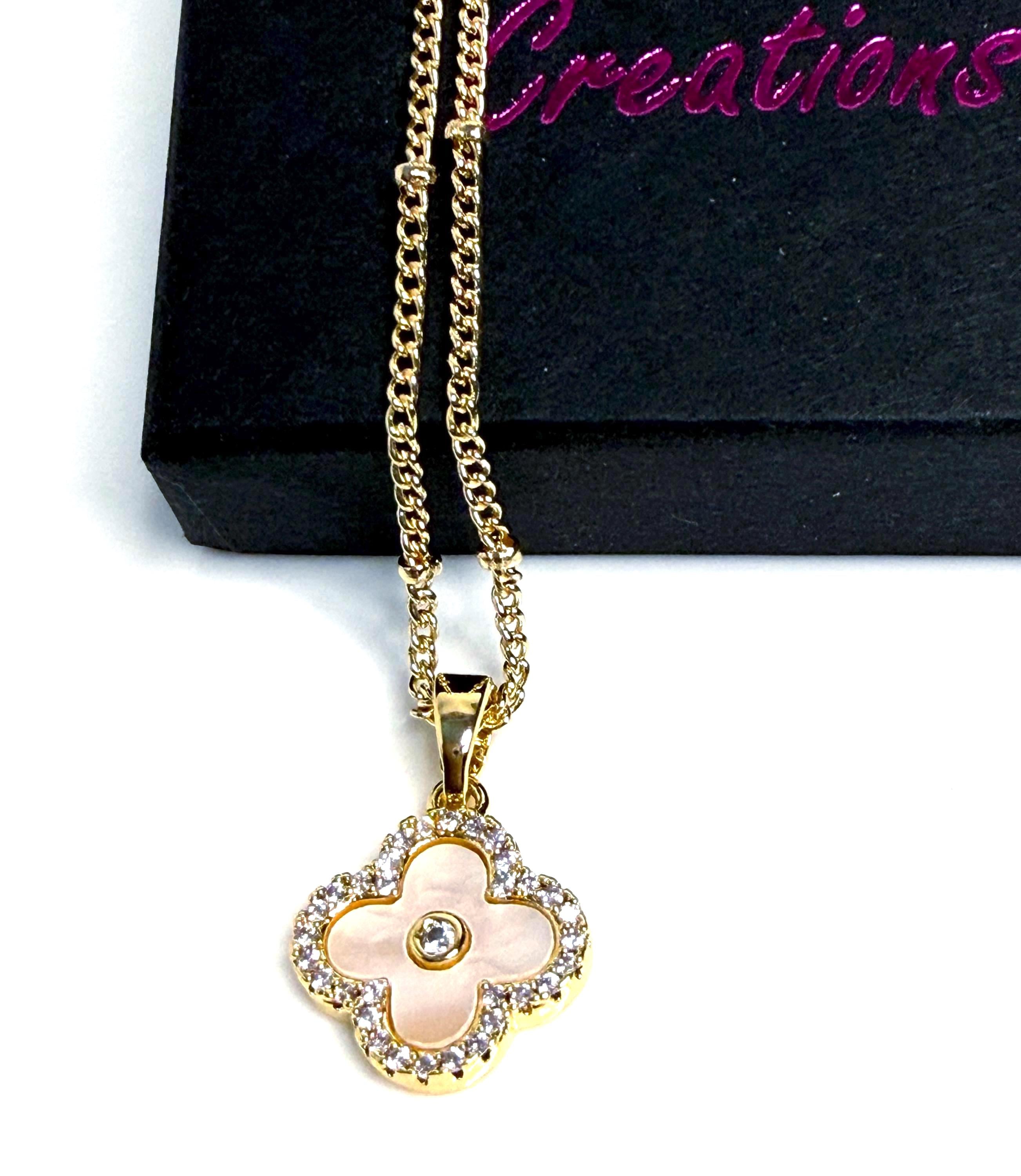 White Mother of Pearl Clover CZ Necklace | Gold Satelite Chain