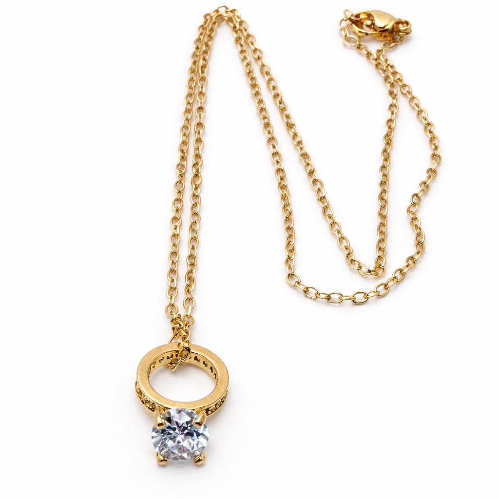 Gold Solitaire Ring Crystal Necklace | 14kt Gold Filled | Minimalist Pendant