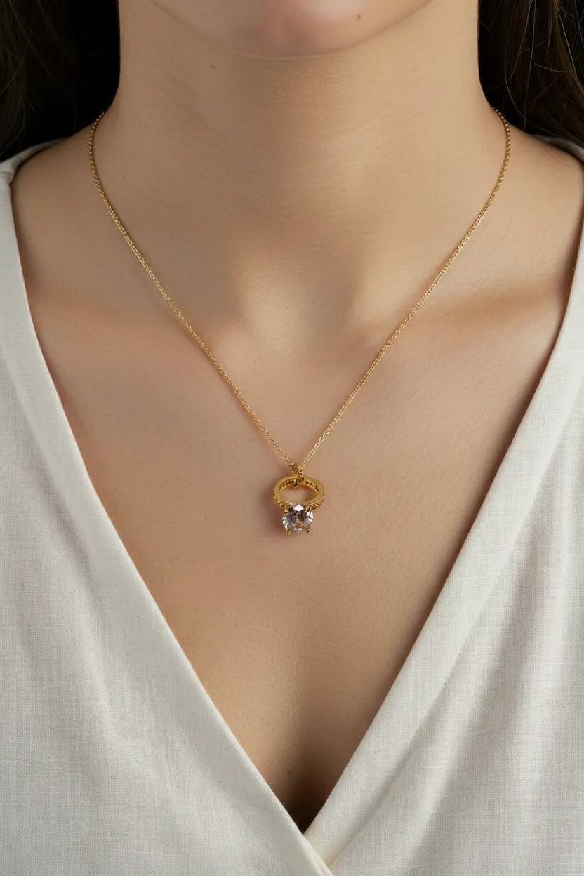 Gold Solitaire Ring Crystal Necklace | 14kt Gold Filled | Minimalist Pendant