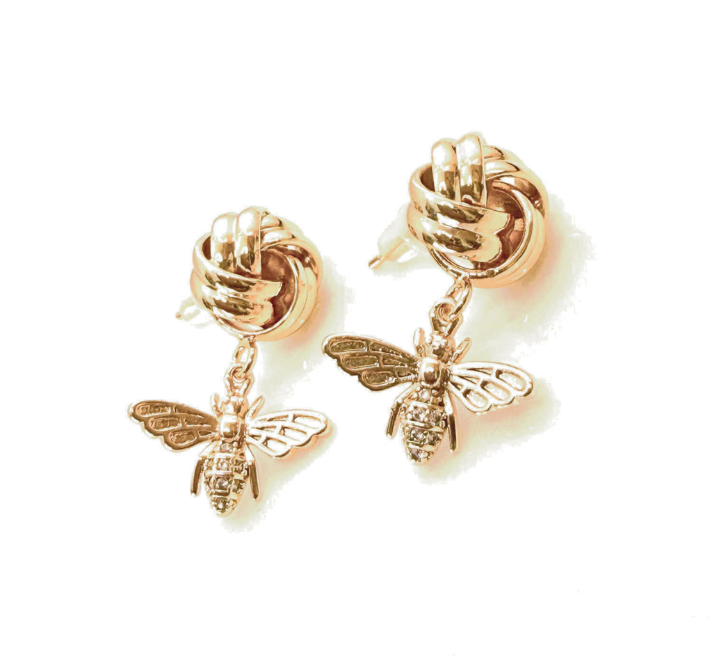 Love Knot 14K Gold CZ Bee Earrings | Dainty Studs