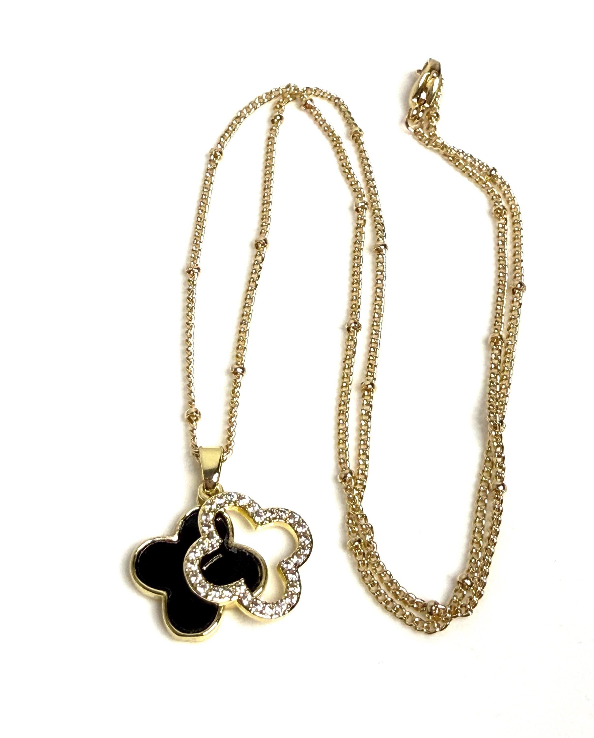 Gold Black Onyx Double Clover CZ Necklace | Gold Satelite Chain