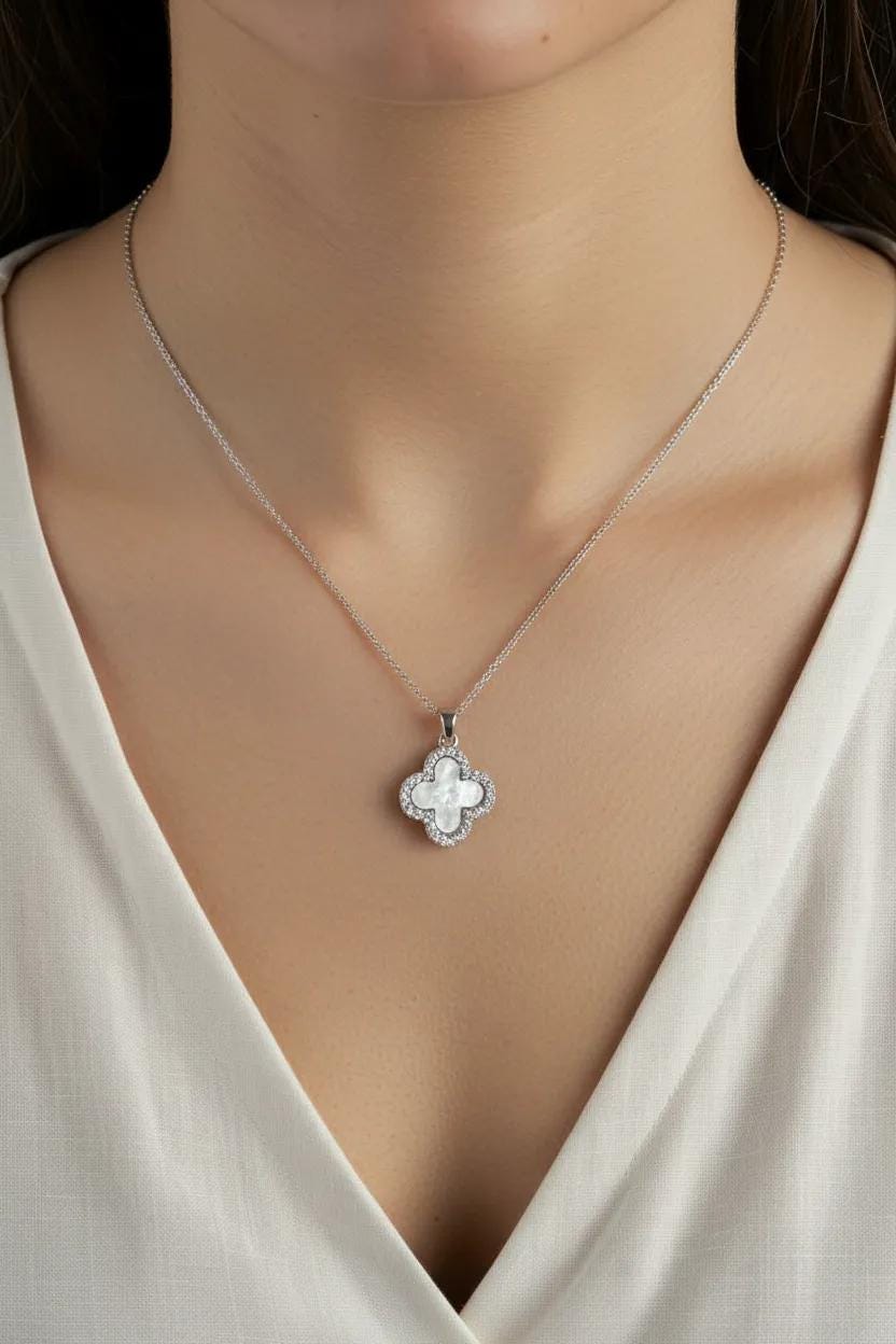 Silver Mother of Pearl Clover CZ Necklace | Satelite Chain