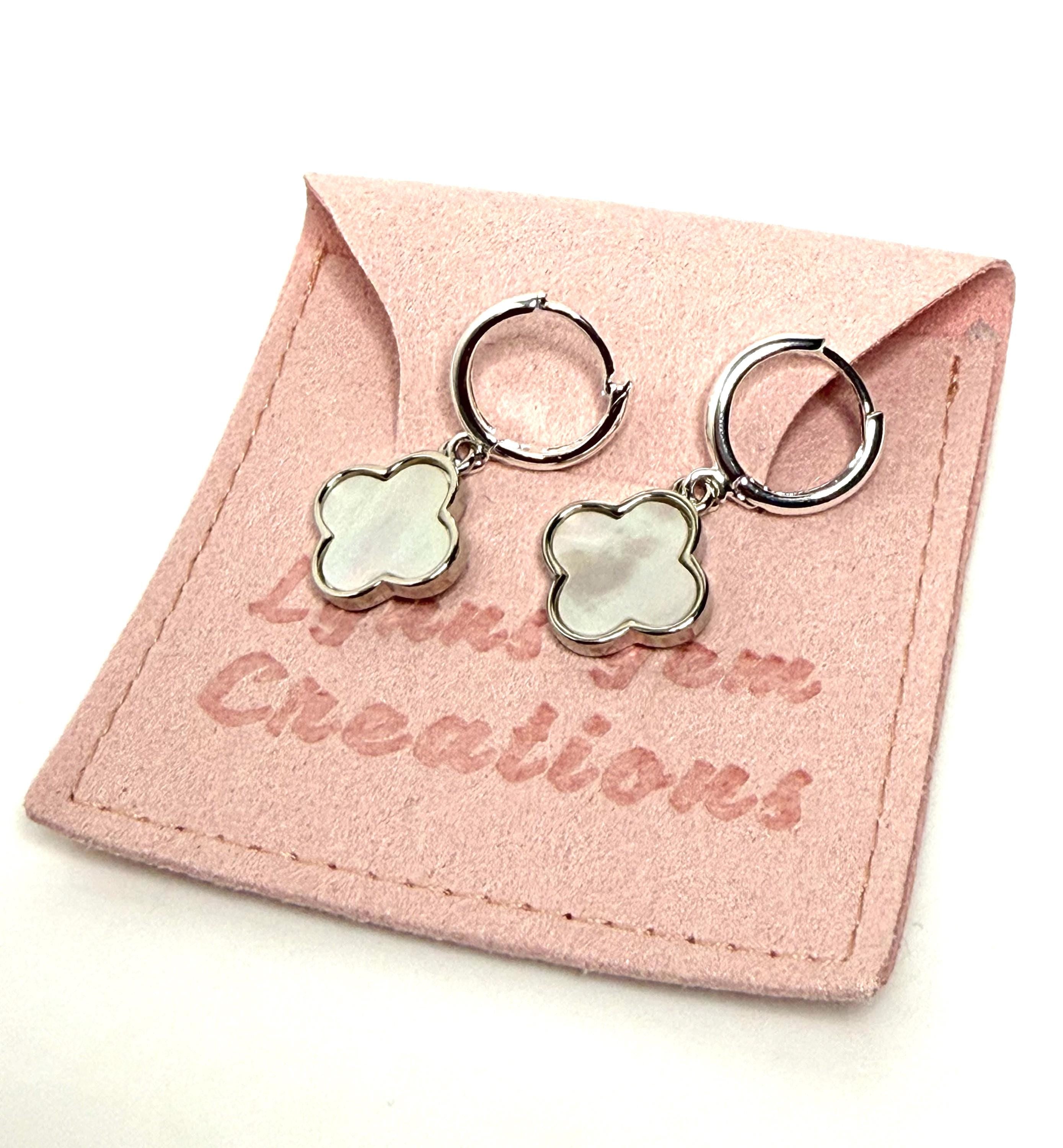Silver Four Leaf Clover Mother of Pearl Earrings | Huggie Hoop Drops