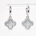 Silver Four Leaf Clover Mother of Pearl CZ Earrings | Huggie Hoop Drops