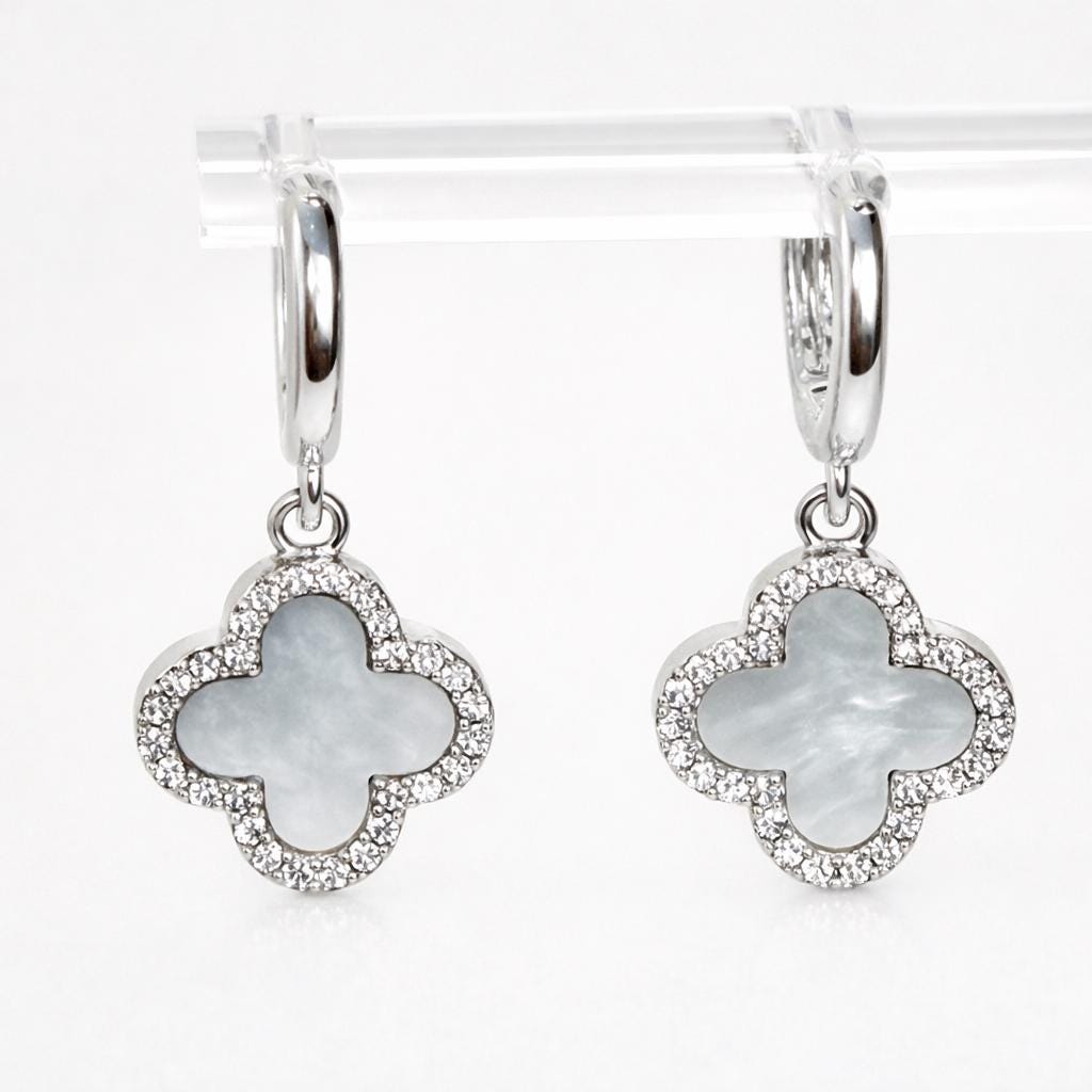 Silver Four Leaf Clover Mother of Pearl CZ Earrings | Huggie Hoop Drops