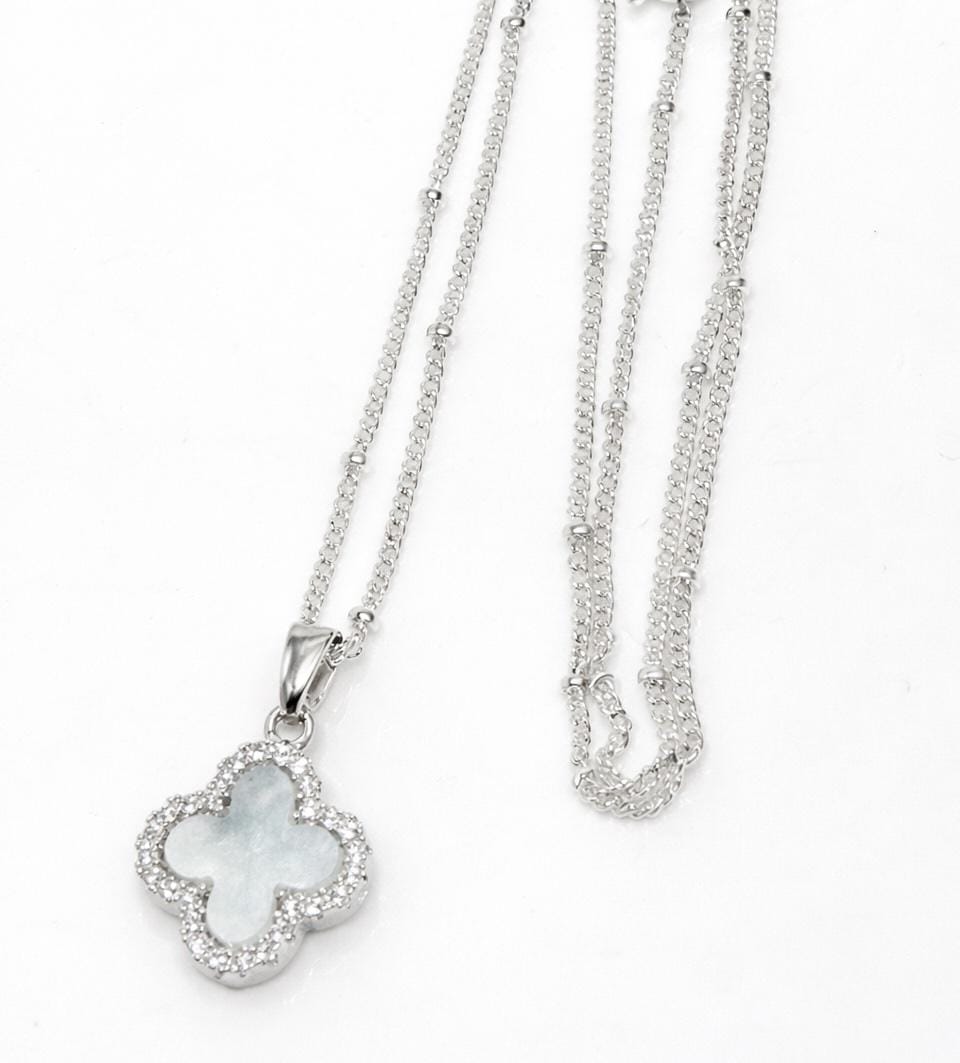 Silver Mother of Pearl Clover CZ Necklace | Satelite Chain