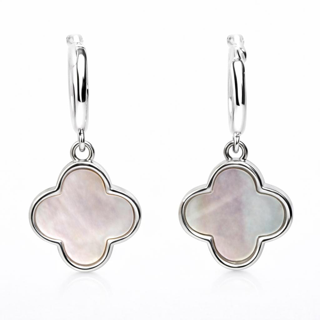 Silver Four Leaf Clover Mother of Pearl Earrings | Huggie Hoop Drops