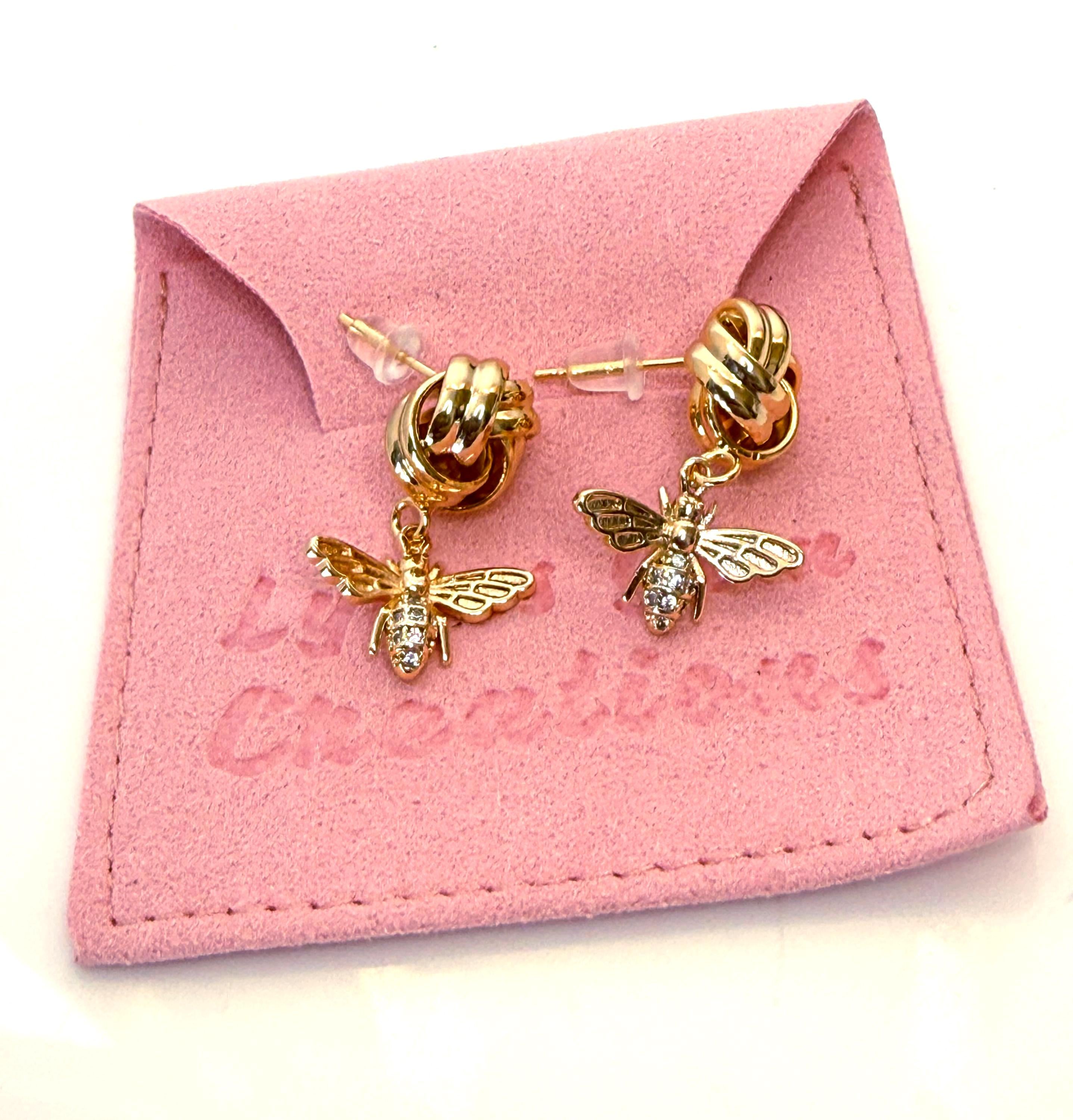 Love Knot 14K Gold CZ Bee Earrings | Dainty Studs