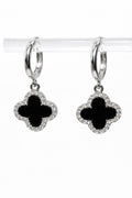 Four Leaf Clover Black Onyx CZ Earrings | Silver Huggie Hoop Drops