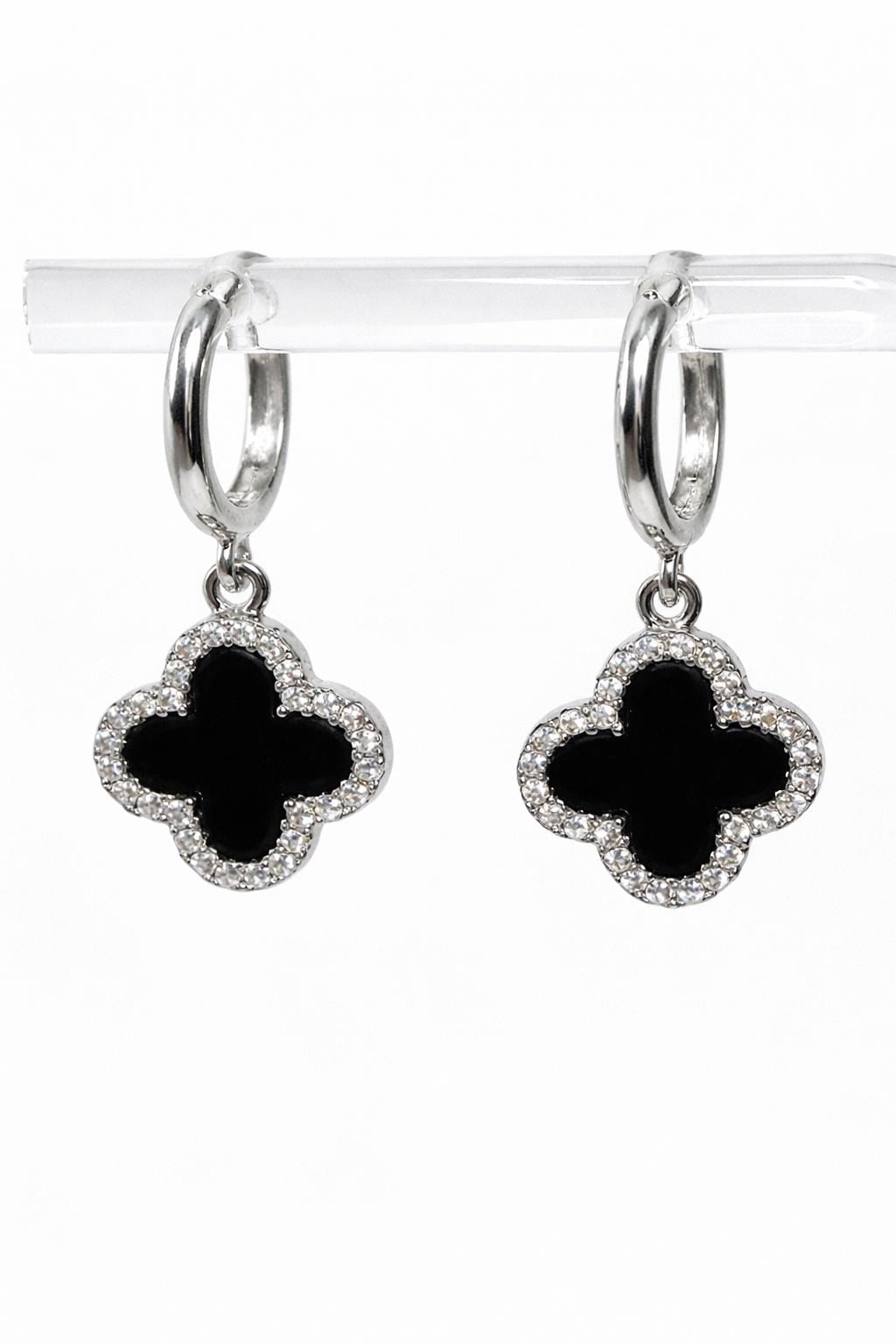 Four Leaf Clover Black Onyx CZ Earrings | Silver Huggie Hoop Drops