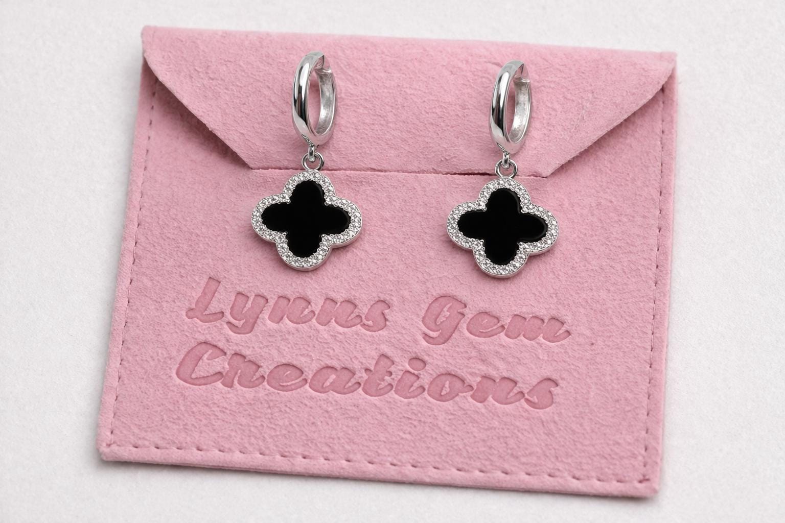 Four Leaf Clover Black Onyx CZ Earrings | Silver Huggie Hoop Drops