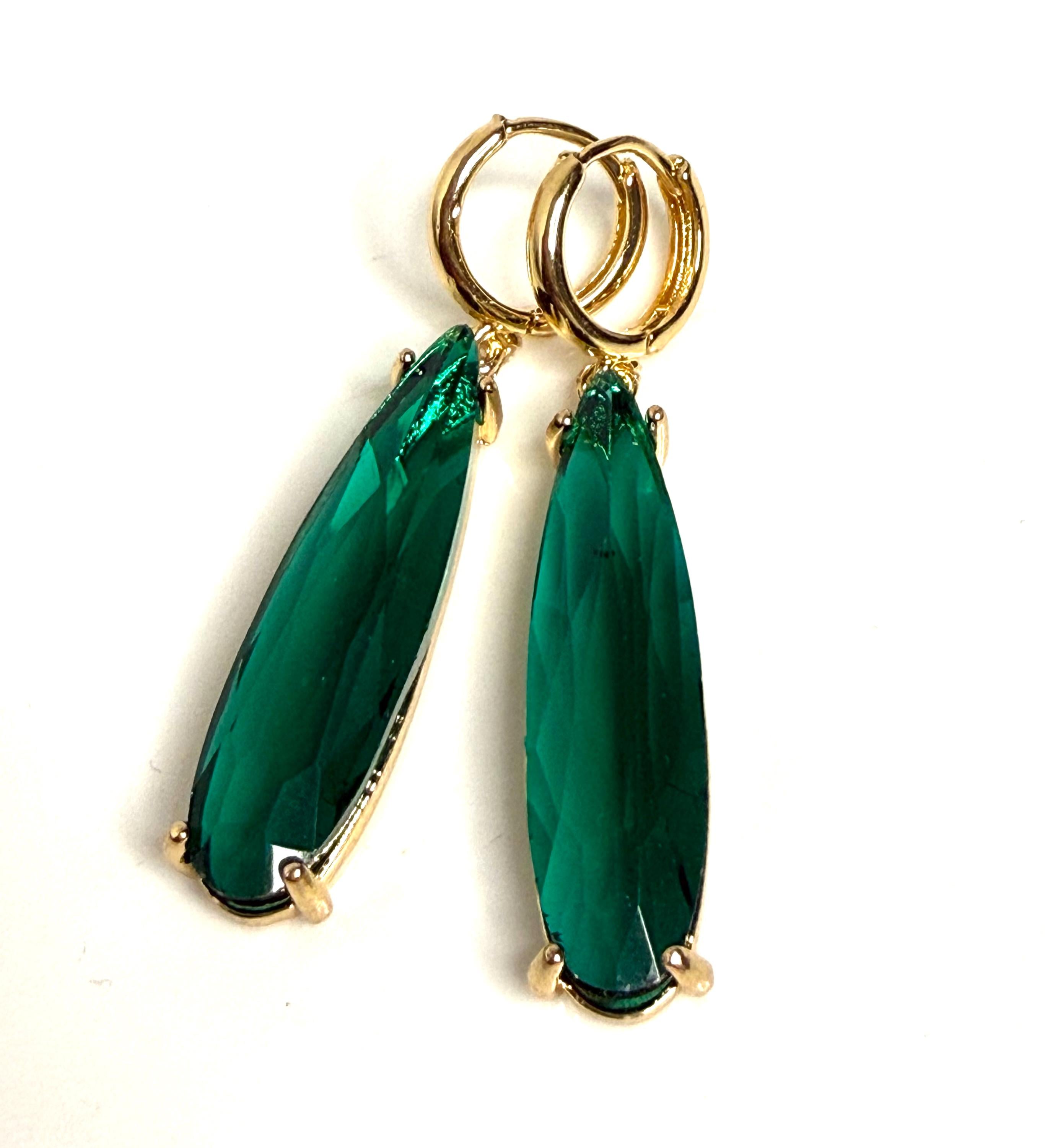 Emerald Green Crystal Earrings | Teardrop Gold Hoop Dangles