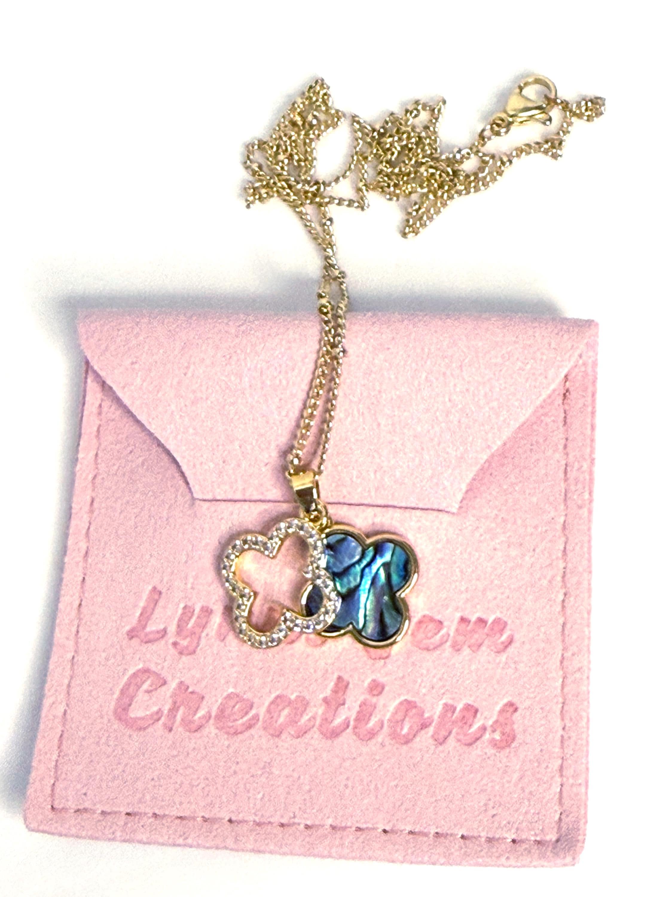 Gold Abalone Shell Double Clover CZ Necklace | Gold Satelite Chain