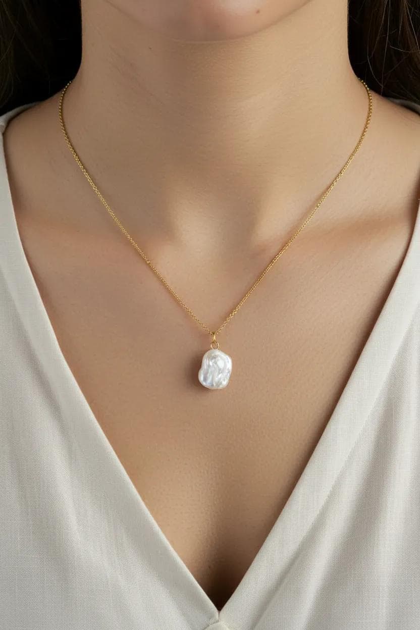 14K Gold Freshwater Pearl Necklace | Rectangle Natural Pearl Pendant