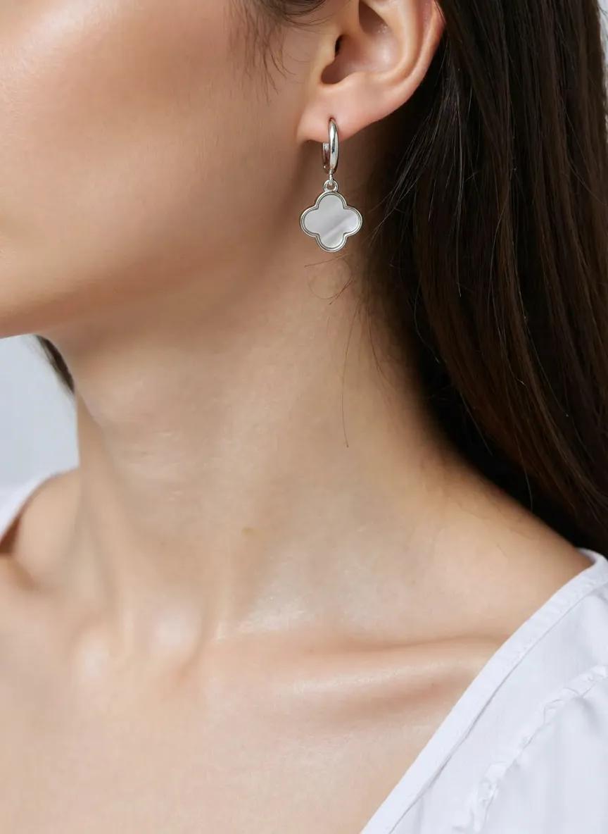 Silver Four Leaf Clover Mother of Pearl Earrings | Huggie Hoop Drops