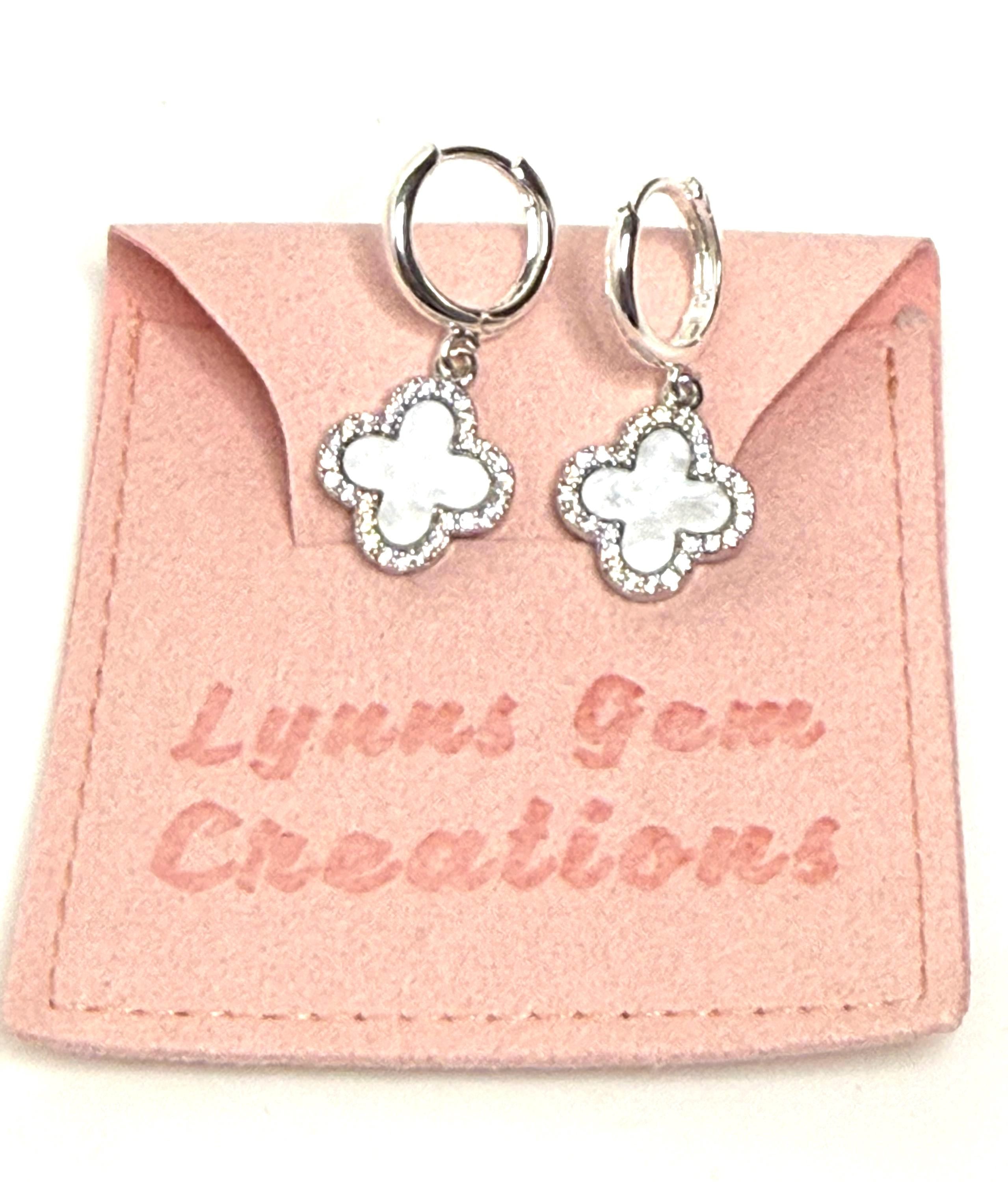 Silver Four Leaf Clover Mother of Pearl CZ Earrings | Huggie Hoop Drops
