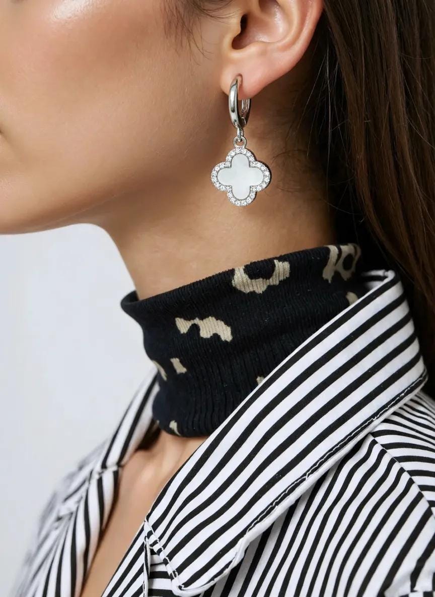 Silver Four Leaf Clover Mother of Pearl CZ Earrings | Huggie Hoop Drops