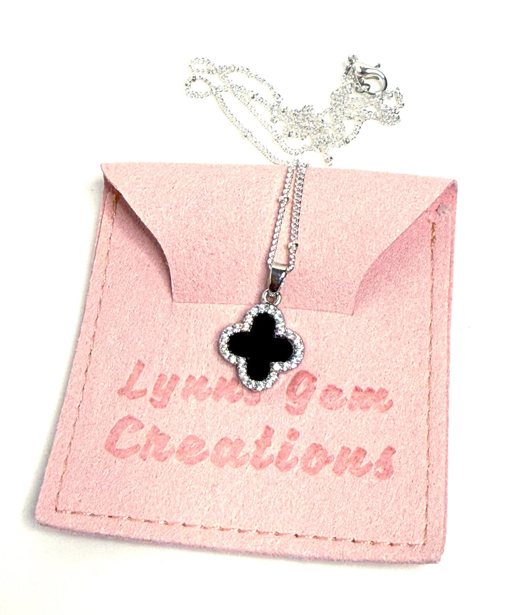 Silver Black Onyx Clover CZ Necklace | Satelite Chain