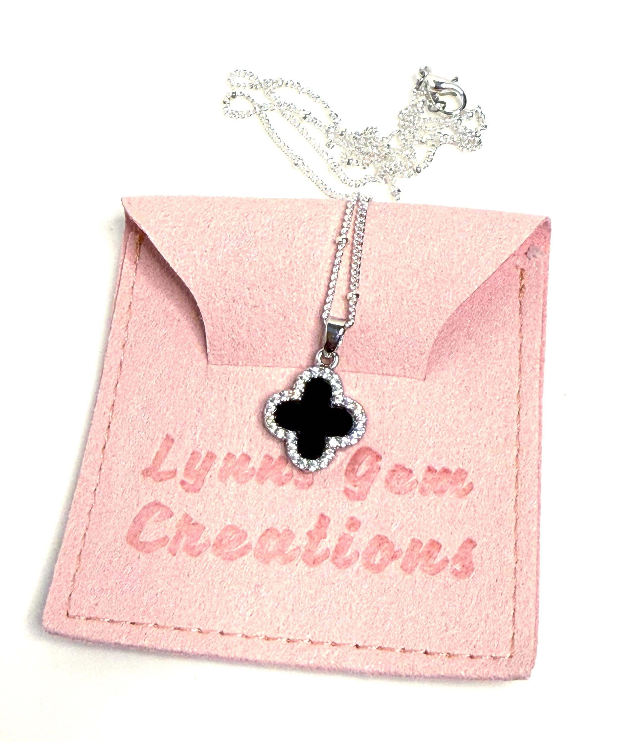 Silver Black Onyx Clover CZ Necklace | Satelite Chain