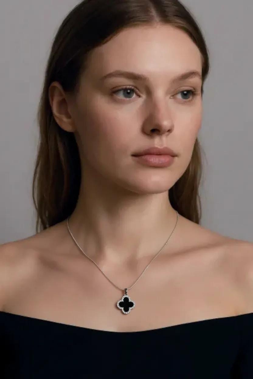 Silver Black Onyx Clover CZ Necklace | Satelite Chain