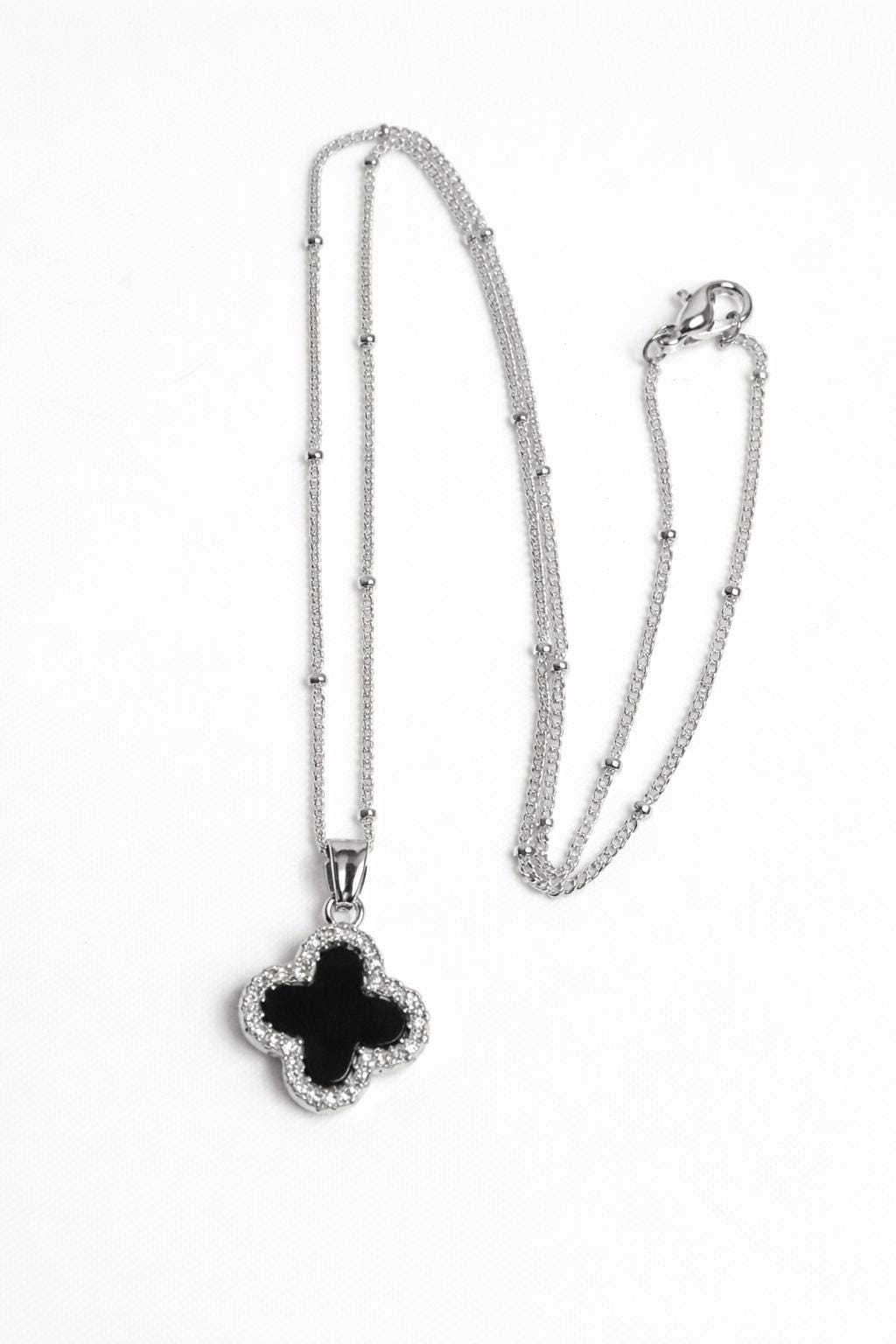 Silver Black Onyx Clover CZ Necklace | Satelite Chain