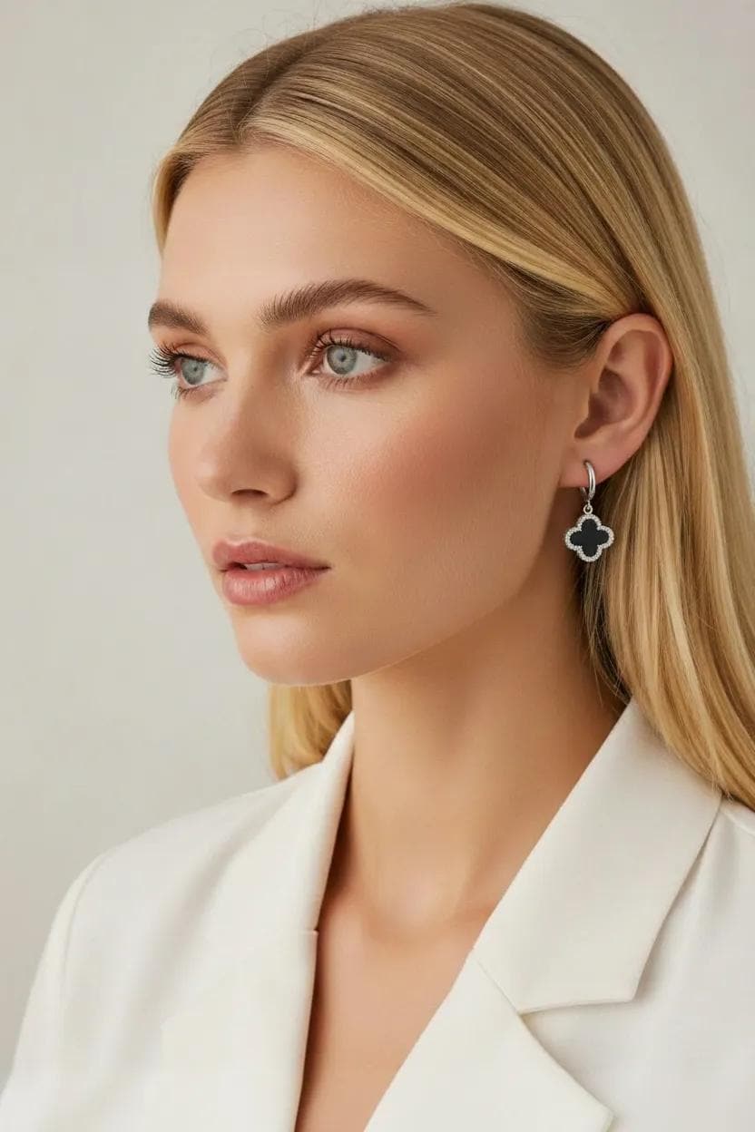 Four Leaf Clover Black Onyx CZ Earrings | Silver Huggie Hoop Drops