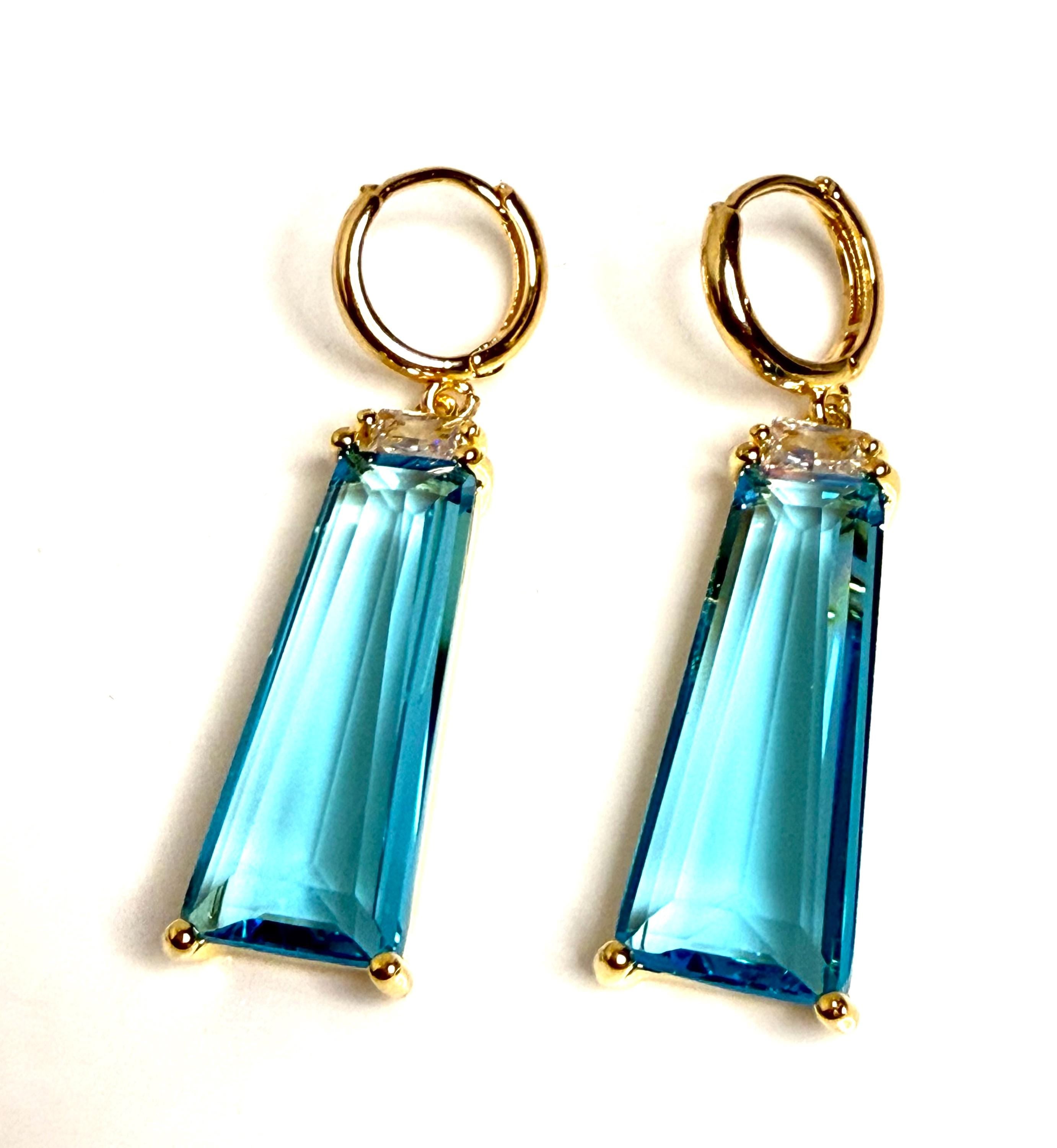 Aquamarine Blue Crystal Earrings | Gold Hoop Dangles