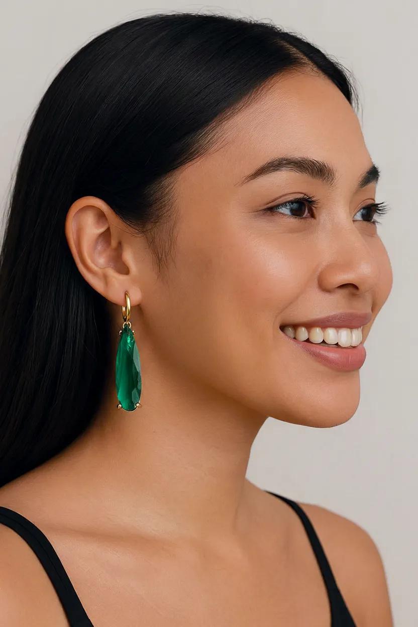 Emerald Green Crystal Earrings | Teardrop Gold Hoop Dangles