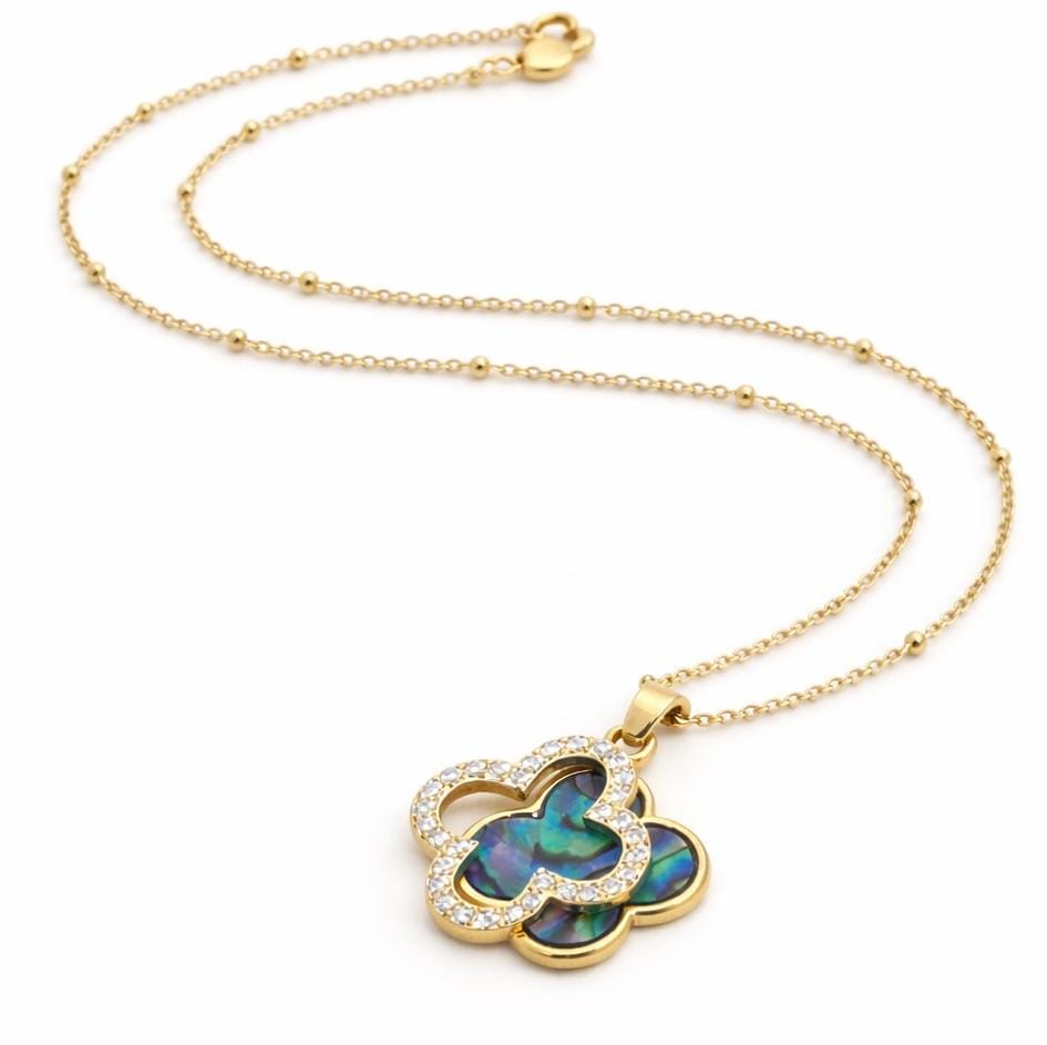 Gold Abalone Shell Double Clover CZ Necklace | Gold Satelite Chain